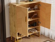 Nowoczesna szafa na buty 80x38x100 cm - z 2 drzwiami - Wykończenie drewnopodobne - Konstrukcja z pozłacanego żelaza - MDF - Naturalny