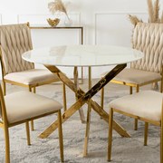 Stół Okrągły Szklany BALI 100 cm Biały Marmur/Złoty Glamour