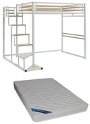 Łóżko antresola 140 x 200 cm - Metal i MDF - Biały + Materac - JOGUI