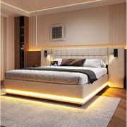 Łóżko tapicerowane dwuosobowe - 180 x 200 cm - z diodami LED + zagłówek z oświetleniem + USB - len - beż