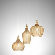 Cleofe - lampa wisząca z 3 źródłami światła, z przezroczystego bursztynowego szkła i mosiądzu - 3XE27 maks. 3X60W, dekoracyjny styl vintage, IP20