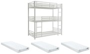 Potrójne łóżko piętrowe 3 x 90 x 190 cm – Metal – Biały + Materac – ELOUAN III