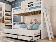 Łóżko piętrowe 90x200cm - z łóżkiem wysuwanym i 3 szufladami - z litego drewna sosnowego i MDF - Białe