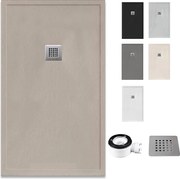 Brodzik żywiczny z rantem, ultracienki i antypoślizgowy z zaworem i kratką | Tekstura kamienia | Moka | 80 X 160 cm