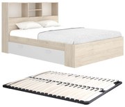 Łóżko 140 x 190 cm  ze skrzynią i - Naturalny i biały + Stelaż - VARDIEL