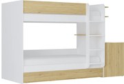Łóżko piętrowe z wysuwanym posłaniem i 2 biurkami 3 x 90 x 190 cm - Biały i naturalny - DOMATI