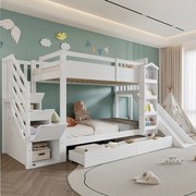 Łóżko piętrowe dla dzieci - 2 x 90 x 200 cm - z półką + 2 szufladami + zjeżdżalnią + drabinką - sosna + płyta MDF - białe