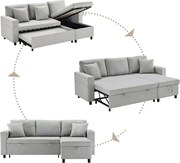 Sofa 3-osobowy rozkładany z tkaniny lnianej - z miejscem do przechowywania i bocznymi kieszeniami - Jasnoszary