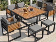 Zestaw jadalniany do ogrodu na 4-6 osób, 1 stół jadalniany z litego drewna, 4 fotele, 2 taborety, szary