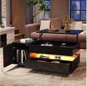 Stolik kawowy podnoszony - 95 x 50 x 34,5 cm - z 1 szufladą + 1 drzwiami + diodami LED - płyta wiórowa - czarny