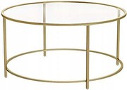 Okrągły stolik kawowy Valora ze złotą stalową ramą i szklanym blatem