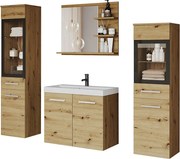 Meble łazienkowe z LED, zestaw wiszący do łazienki z umywalką, 2 słupkami i szafką lustrzaną, dąb artisan