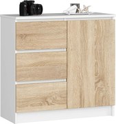 Komoda AKORD JERRY Biała 80 cm 1 drzwi 3 szuflady kolor Dąb Sonoma mat 2 półki 80x35x77 cm
