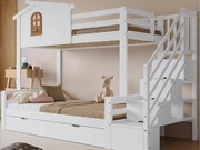 Łóżko piętrowe 90×200 cm - z 2 szufladami - z oknami - schody z miejscem do przechowywania - Drewno lite + MDF - białe (bez materaca)