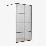 Mampara Prysznicowa Stała Z Dekoracją W Kratę, Szkło Hartowane 8 Mm I Aluminium Camden Czarny Matowy & Transparent & 100x195 Cm - Sklum