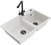 Mexen Tomas zlewozmywak granitowy 2-komorowy z baterią kuchenną Duero, biały - 6516-20-671600-70