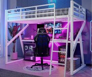 Łóżko antresolowe 90x200 cm - konstrukcja stalowa - z oświetleniem LED - z rampą + drabinką - z biurkiem - białe