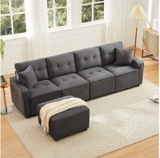 Nowoczesna sofa 4-osobowa - 280 x 146 x 85 cm - ze schowkiem pod siedziskiem + pufa modułowa - welur - szary