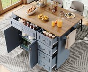 Nowoczesna wyspa kuchenna 130×45×92 cm - z 5 szufladami i 2 drzwiami - rozsuwana blata - z kółkami - niebieski