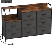 HOMCOM Komoda z 8 materiałowymi szufladami, stalowy stelaż, stacja ładowania, Rustykalny-Brąz+Czarny | Aosom PL