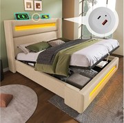 Łóżko 160x200 cm ze schowkiem, beżowa pościel, łóżko dwuosobowe z lampkami LED i ładowaniem przez USB, bez materaca
