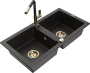 Mexen Mario zlewozmywak granitowy 2-komorowy z baterią kuchenną Flora, czarny/złoty metalik - 6504-75-670401-57-G