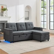 Sofa rozkładana 3-osobowa - 208 x 146 x 89,5 cm - ze zintegrowaną przestrzenią do przechowywania + diody LED - Materiał - szary