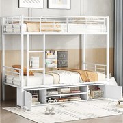 Łóżka piętrowe 2 x 90 x 200 cm z 2 drzwiami i 2 półkami - Metalowe - Kolor biały (Bez materaca)
