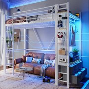 Łóżko piętrowe dla dzieci - 90 x 200 cm - konstrukcja żelazna - z półkami + 4 szuflady + diody LED - metalowe - białe