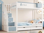 Łóżko piętrowe dziecięce 90x200 cm - zdejmowany pojemnik do przechowywania - drabinka bezpieczeństwa - z 2 szufladami - biały + niebieski