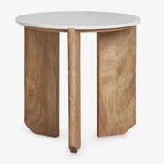 Stolik Nocny Ø50 Cm Z Naturalnego Kamienia I Drewna Mango Lavinia Biały Marmur Banswara & Rustykalne Drewno Mangowca - Sklum