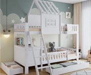 Łóżko piętrowe dla dzieci 90×200 cm - z biurkiem - 2 szuflady - z daszkiem i oknami - Drewno lite + MDF - białe (bez materaca)