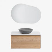 Zestaw Wiszących Mebli Łazienkowych Z Drewna Jesionowego Tedrik Popielaty Brąz & Okrągły Szary Cement Ø40 Cm - Sklum