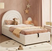 Łóżko dziecięce tapicerowane - 90 x 200 cm - z hydraulicznym schowkiem + zagłówek - welur - beż