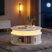 Stolik kawowy z podnoszonym blatem, lakierowany na wysoki połysk, 75 x 75 x 52 cm, z diodami LED + 2 drzwiami rolowanymi + schowek, płyta MDF, biały