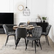 Zestaw Stół Okrągły Rozkładany DORIAN 80-160 cm Dąb Rustykalny/Czarny i 6 Krzeseł Tapicerowanych do Jadalni LUCKY Szare Welurowe