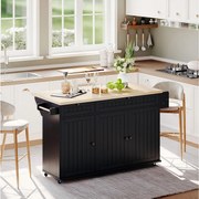 Wyspa kuchenna ze składanym blatem, 6 blokowanymi kółkami i 2 szufladami – czarna