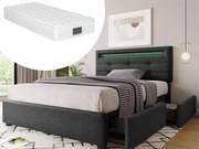 Łóżko 90 x 200 cm - tkanina lniana - LED - szare + materac