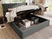 Łóżko z pojemnikiem 140 x 200 cm i zagłówkiem - tkanina lniana - przeszycia w paski - kolor szary