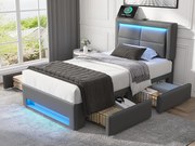 Łóżko z szufladami 90x200 cm z ekoskóry - z LED i portami ładowania (przewodowymi i bezprzewodowymi) - Szare