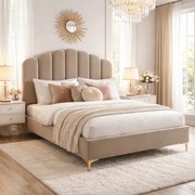 Łóżko Tapicerowane 160x200 cm GEMINI ze Stelażem Dwuosobowe Welurowe Beżowe
