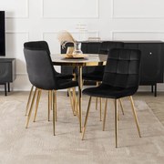 Zestaw Stół Okrągły TINGA 100 cm Szary Marmur/Złoty i 4 Krzesła Tapicerowane YORK Czarne Glamour