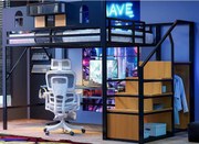 Łóżko mezzanine metalowe 140x200 cm - z drabinką z miejscem do przechowywania - z barierkami bezpieczeństwa - z otwartą szafą - kolor czarny