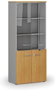 Szafa biurowa kombinowana PRIMO GRAY z drzwiami drewnianymi i szklanymi, 800 x 420 x 1781 mm, szary/buk