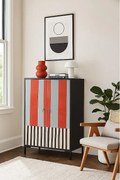 Komoda z MDF z 2 dekoracyjnymi drzwiami z motywem pasów w kolorze terakoty i szarym