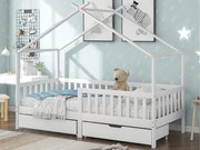 Łóżko domek dziecięcy 90×200 cm - z litego drewna + MDF - z 2 szufladami - z zabezpieczeniem przeciw upadkowym i stelażem listwowym - białe