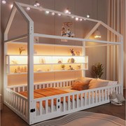 Łóżko dziecięce w kształcie domku, 90 x 200 cm, z barierką + diody LED + schowek, metalowe, białe