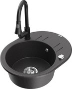 Mexen Kevin zlewozmywak granitowy 1-komorowy z ociekaczem i baterią kuchenną Elia, czarny nakrapiany - 6517-76-670101-70