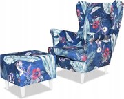 Fotel Uszak z podnóżkiem ptaki liście SPRING 2