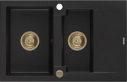 Mexen Gaspar zlewozmywak granitowy 1,5-komorowy z ociekaczem 737 x 475 mm, czarny, syfon złoty - 6507731505-77-G